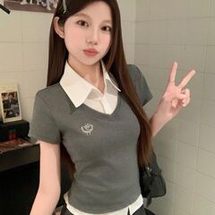 假两件POLO领短袖T恤女气质显瘦2025夏季学院风穿搭辣妹短款上衣