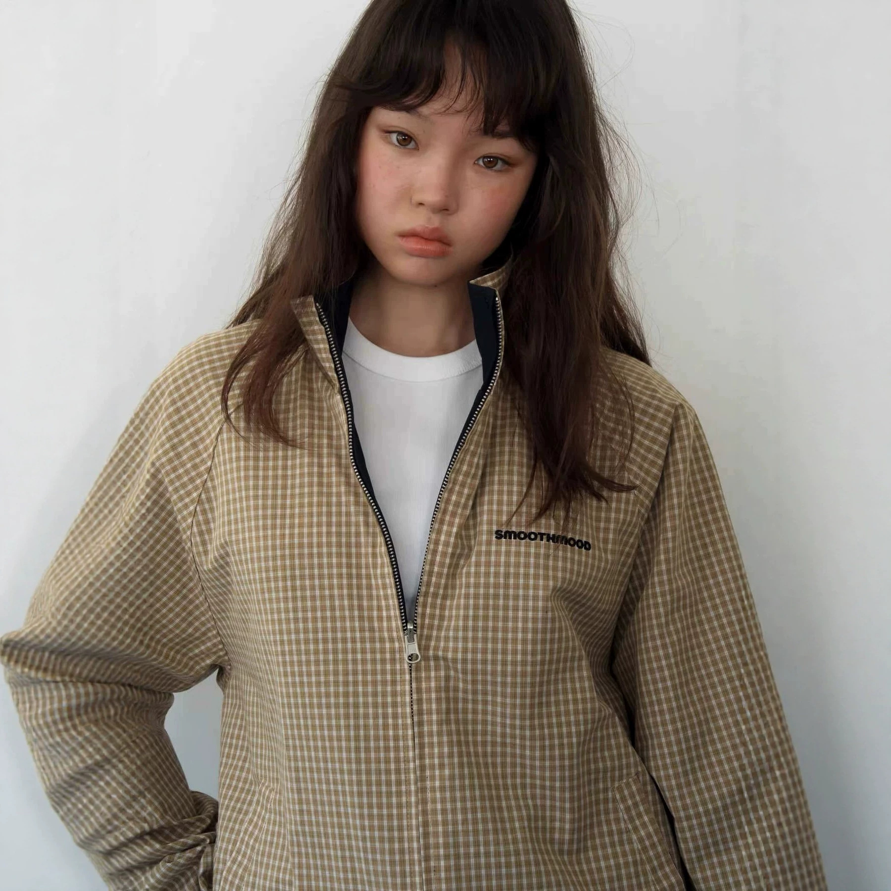 OU Four Seasons Green Women's Korean Style Fine Check Stand Collar Jacket Loose Raglan Sleeve Zipper Reversible Jacket