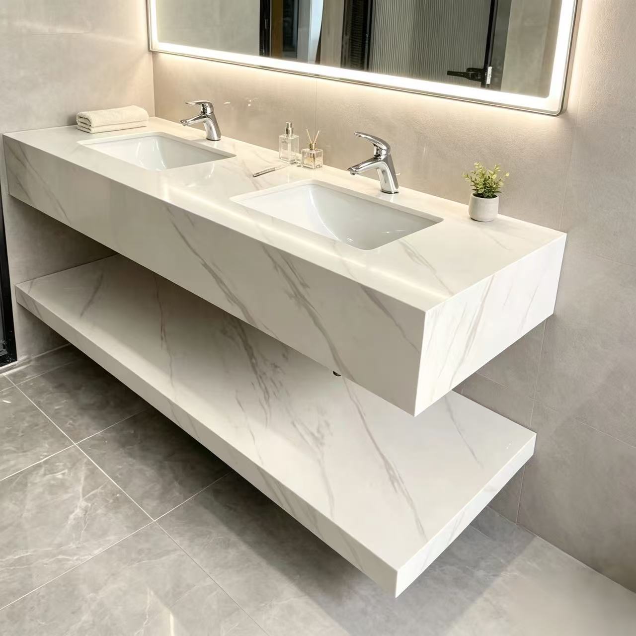 Bathroom Vanity Cabinet with Integrated Seamless Ceramic Washbasin and Double-Layer Rock Slab Bathroom Cabinet Set