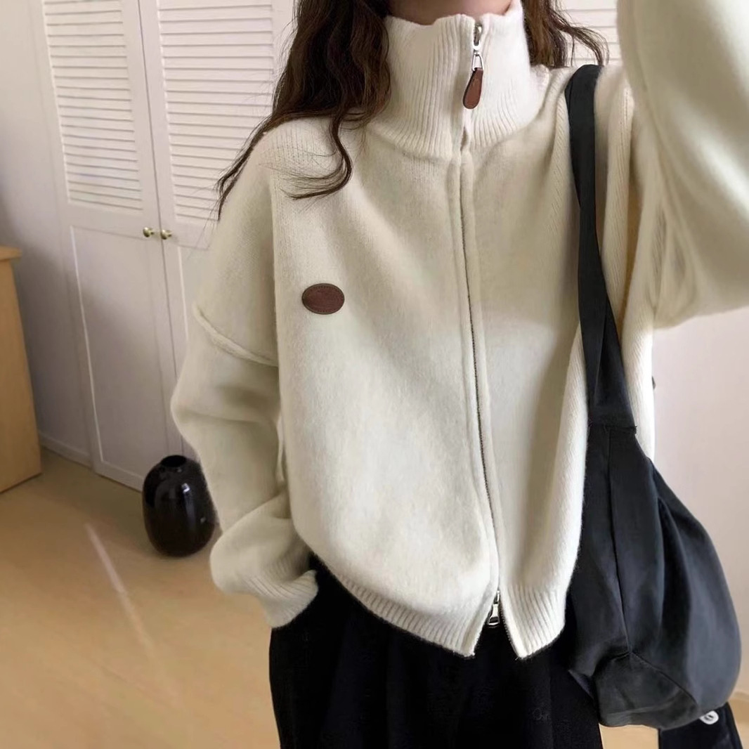 慵懒风立领双拉链针织开衫女秋冬新款宽松百搭短款高级感毛衣外套