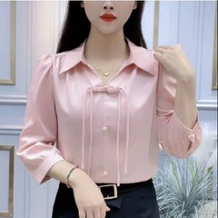 2025年新作夏のファッショナブルな七分袖多用途シャツ、お腹をカバーしてスリムに見える女性用中国風ボタンシャツ