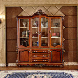 欧式书房古典家具 美式乡村书柜 四门玻璃书柜 深色欧式书柜