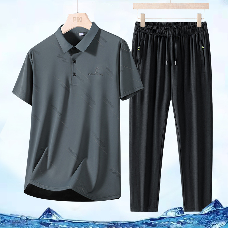 Traje casual de seda de hielo de mediana edad y ancianos de verano Traje de hombre de manga corta Traje de mediana edad y ancianos Traje de papá Camisa de polo de negocios de dos piezas image 3