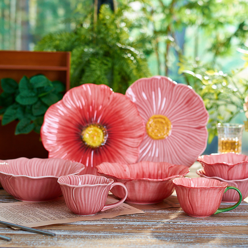 Poppy high-value tableware underglaze color flower household plate large soup bowl ceramic bowl dessert western dish ins Poppy high-value tableware underglaze color flower household plate large soup bowl ceramic bowl dessert western dish ins