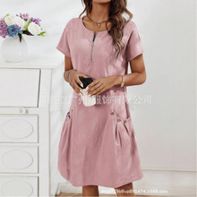 2025现货新款跨境外贸欧美女装纯棉棉麻插袋拉链领短袖纽扣连衣裙