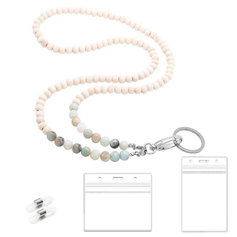 Amazon Natural Stone Wood Beads Beaded lanyard necklace Phone Key Work Card Keychain Lanyard