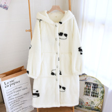 舒棉绒家居睡袍女秋冬连帽加厚珊瑚绒浴袍系扣大码保暖加绒学生