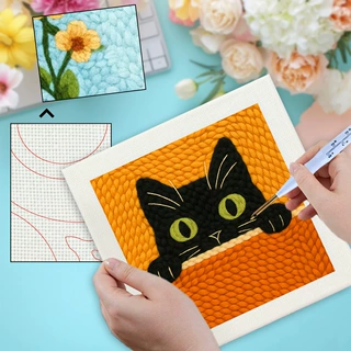 厂家直供方形戳戳绣手工diy材料包黑猫款针戳刺绣装饰画礼物摆件