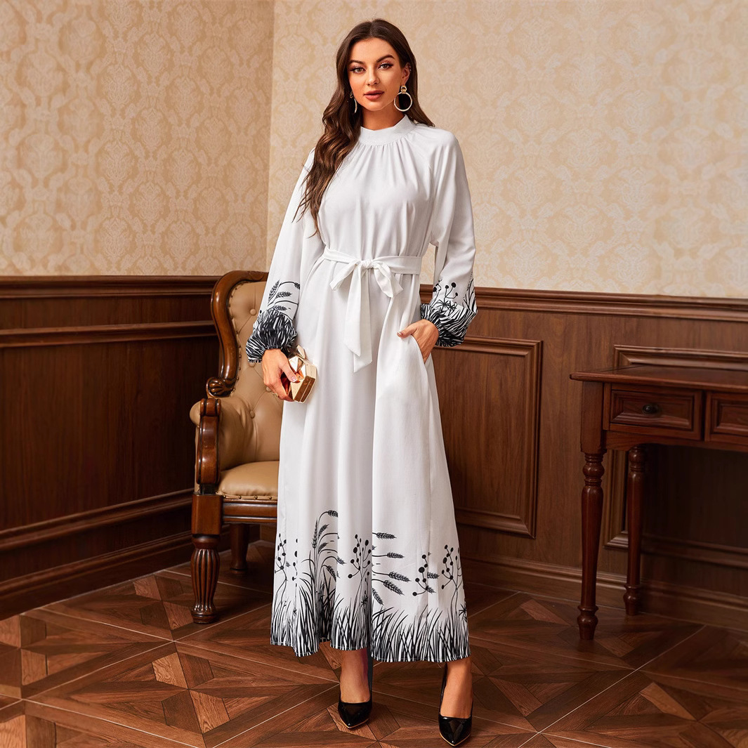 Grenzüberschreitendes Frühlings- und Herbstkleid für den Außenhandel, heiß begehrt, nahöstliches arabisches bedrucktes langes Kleid mit Gürtel, Rundhalsausschnitt und langem Kragen_voghion.com
