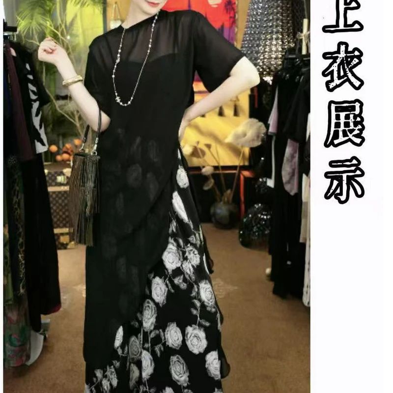 New Summer Style Black Chiffon Blouse for Women, Loose Fit, French Style, Versatile Top That Covers the Body, Slimming Design, Long Style