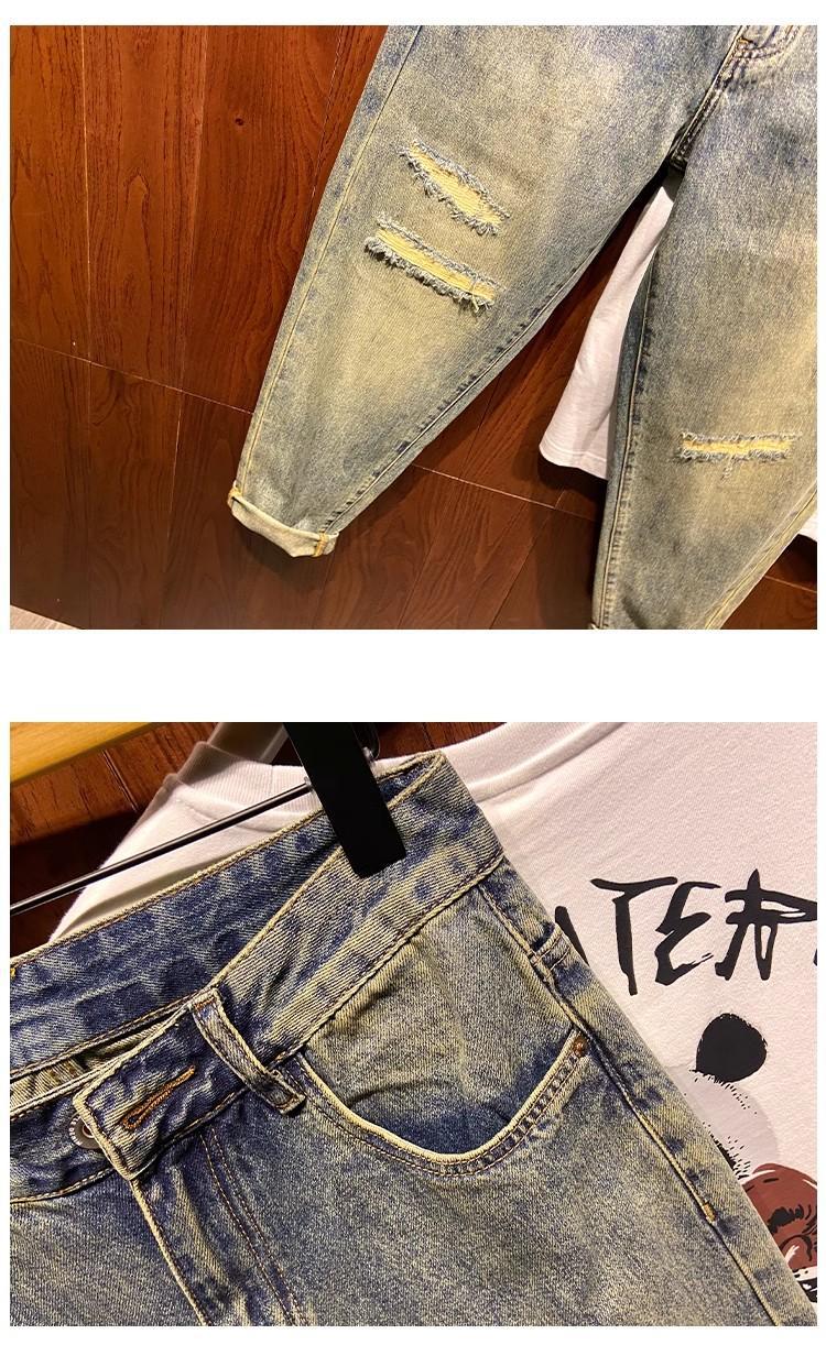 Men's Vintage Distressed Washed Ripped Jeans Loose Fit Slim Straight Leg Trendy American Style Trousers For Spring Autumn_mkmklike.com