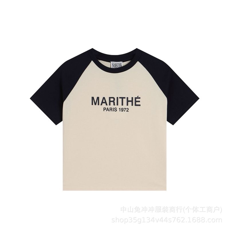 韩国marithe字母刺绣印花休闲正肩短袖男女同款重磅T恤一件代发潮|undefined