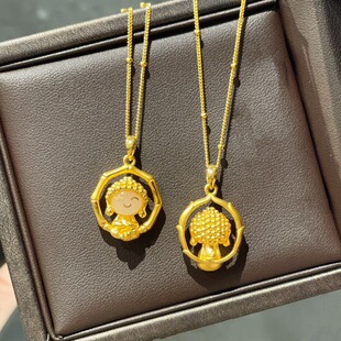 999 Pure Gold Hetian Jade Happy Buddha Pendant Cute Little Buddha Necklace Lotus Buddha Necklace Pure Gold Inlaid Jade Chain