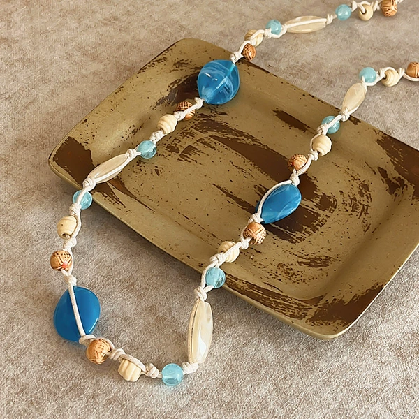 Blue natural stone and wood bead waist rope-164CM