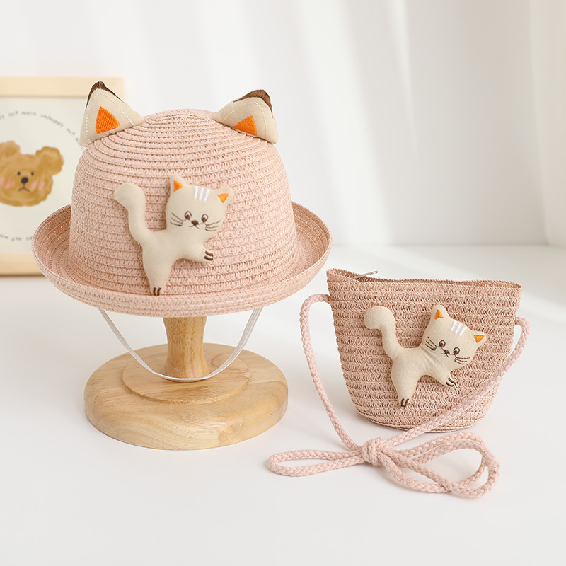 Lucky Cat Curly Straw Hat-Pink