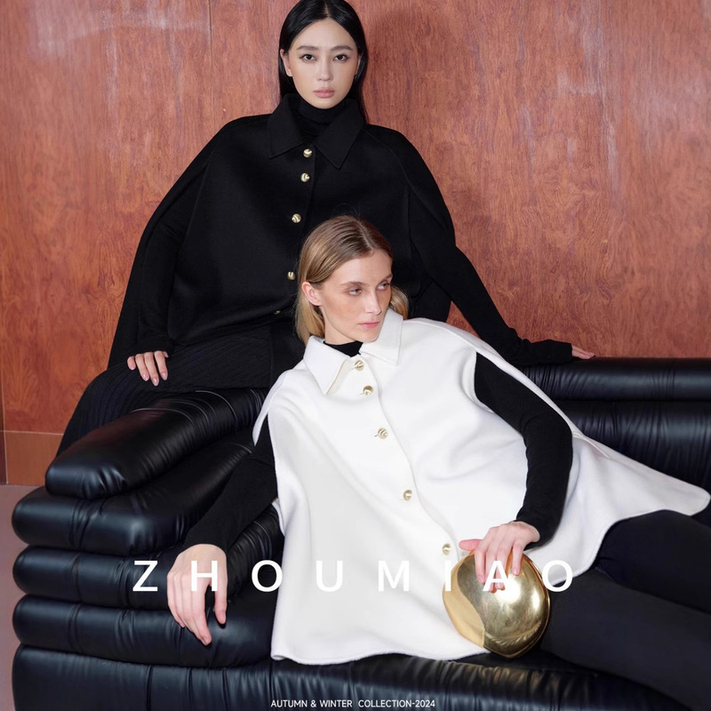 Zhou Miao 2026 Spring New Style Shawl A-Line Umbrella-Shaped Double Cuffs 100% Sheep Wool Double-Sided Cape Coat Short Style