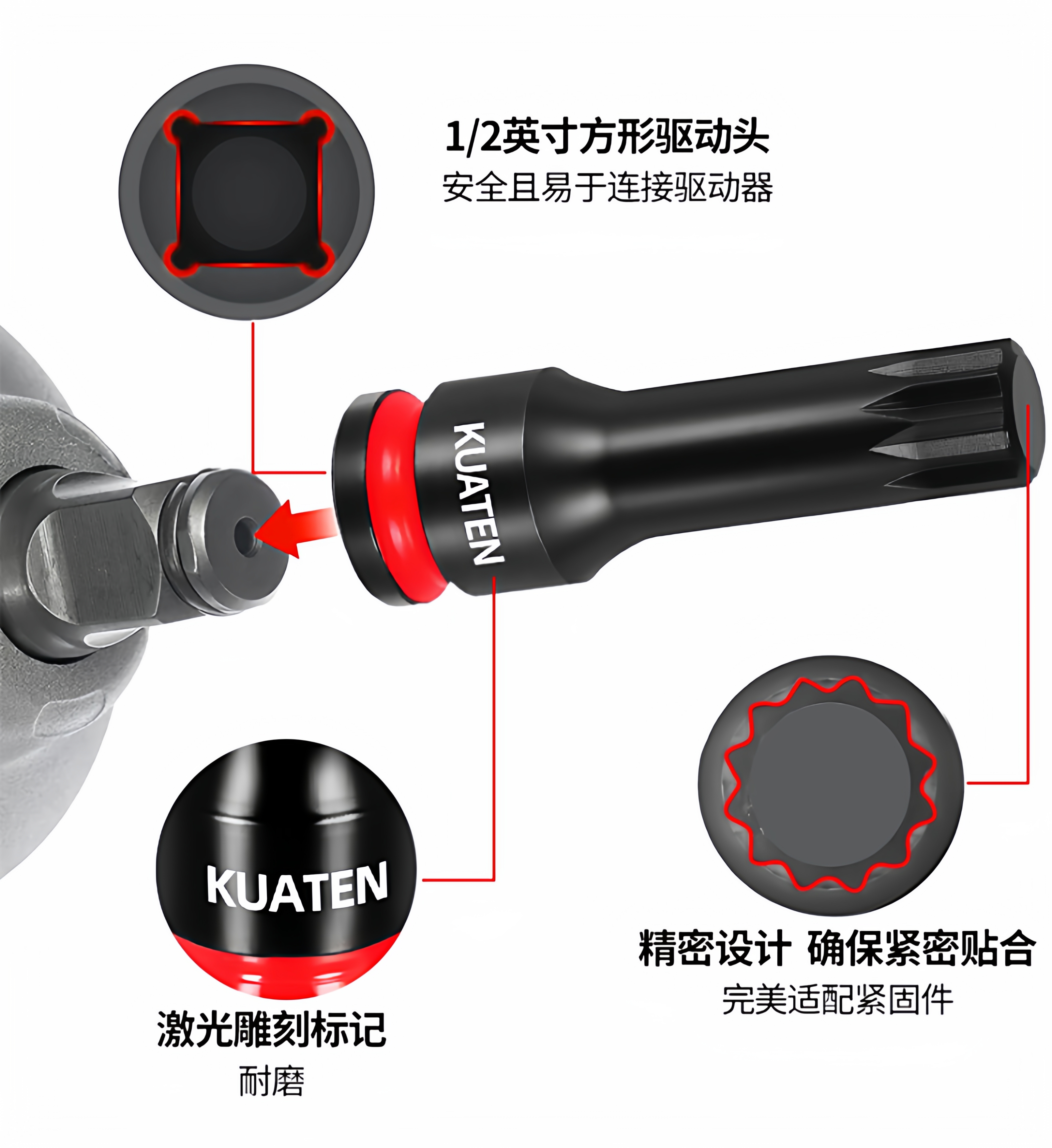 Coolanteng 8-piece set 1/2 pneumatic impact wrench with 12-point M-type integrated bits M5-M18 electric pneumatic socket