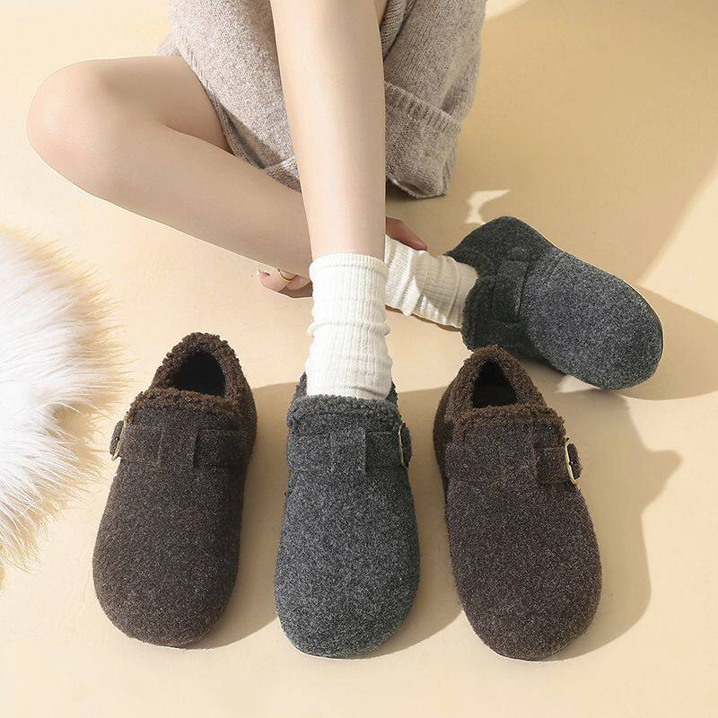 Giày lười nữ dạ lót lông dày, đế bằng tăng chiều cao bên trong, đi hai kiểu, giữ ấm mùa đông — TB01 Quần cotton nữ viền lông - Màu nâu cà phê [Hộp], TB01 Quần cotton nữ viền lông - màu xám [hộp] chi tiết 2