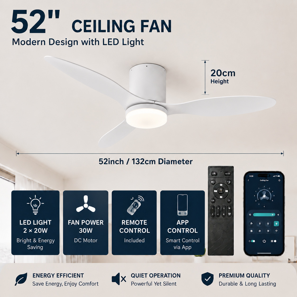 Lámpara Ventilador de Techo Inverter de Plástico ABS Silencioso con Control Remoto para Sala de Estar y Dormitorio