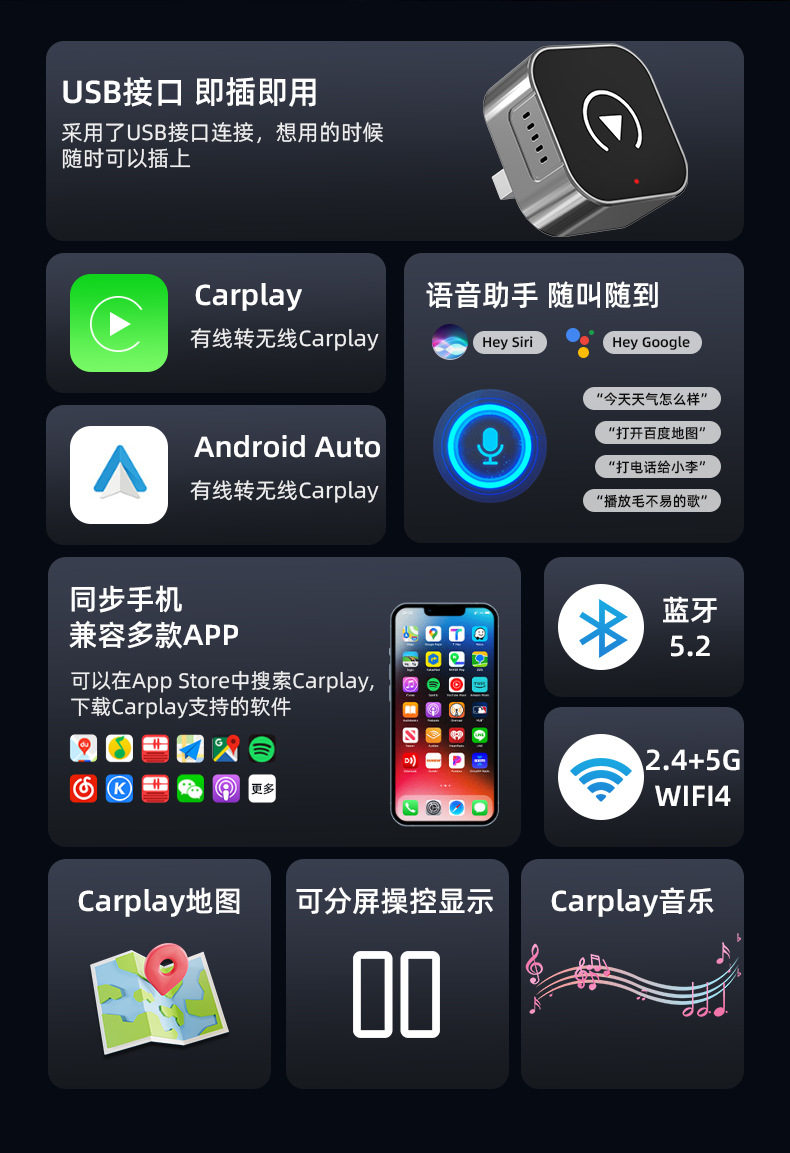 Wireless Carplay Box for Apple and Android 2-in-1 Wired to Wireless Carplay Module Car-Machine Connectivity Box