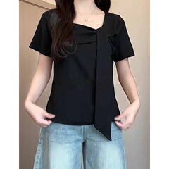 大きいサイズの純綿スクエアネック右肩半袖Tシャツ、夏の太った女性用、スリムでシックで美しい小さなシャツ、不規則なトップス