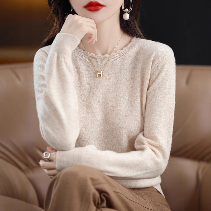 Soft and Casual Lace Round Neck Bottoming Shirt for Women, New Style, 2022 Autumn and Winter Knitwear, Long-Sleeved Knitwear, Loose