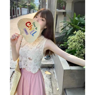 爆款法式花朵镂空针织背心小众设计钩花工艺重工短款上衣遮肉