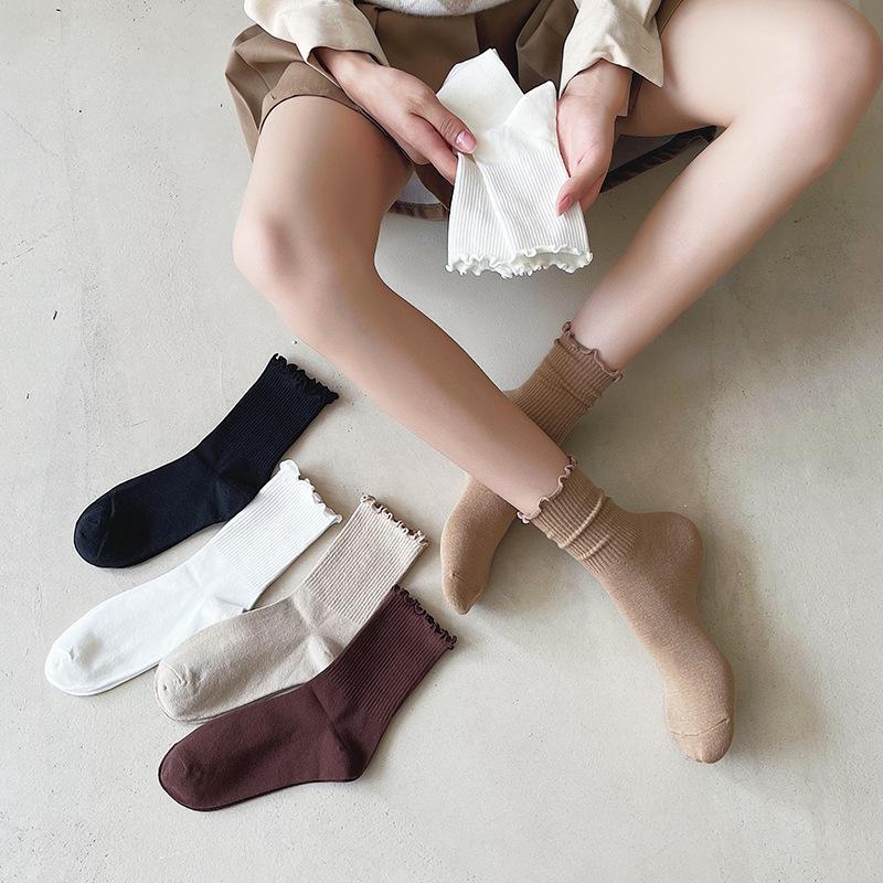Wood-ear socks women's spring and autumn boneless cotton piled socks with loafers ins tide lace mid-tube moon socks