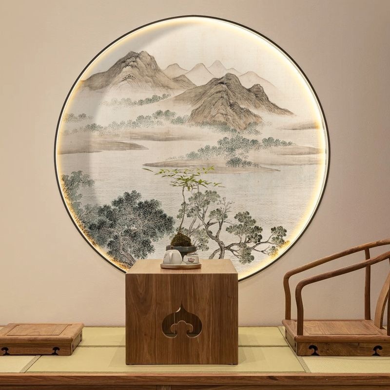 New Chinese-style Zen-inspired decorative painting for the entrance hall, featuring landscape and mountain scenery, 3D Chinese painting, tea room mural, round painting core, suitable for the living room