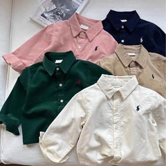 Kids' Long-Sleeve Shirts 2024 Spring New Arrival Boys' Clothing Tops, Embroidered Trendy Brand Baby Solid-Color Cotton-Linen Shirts, Pure Cotton