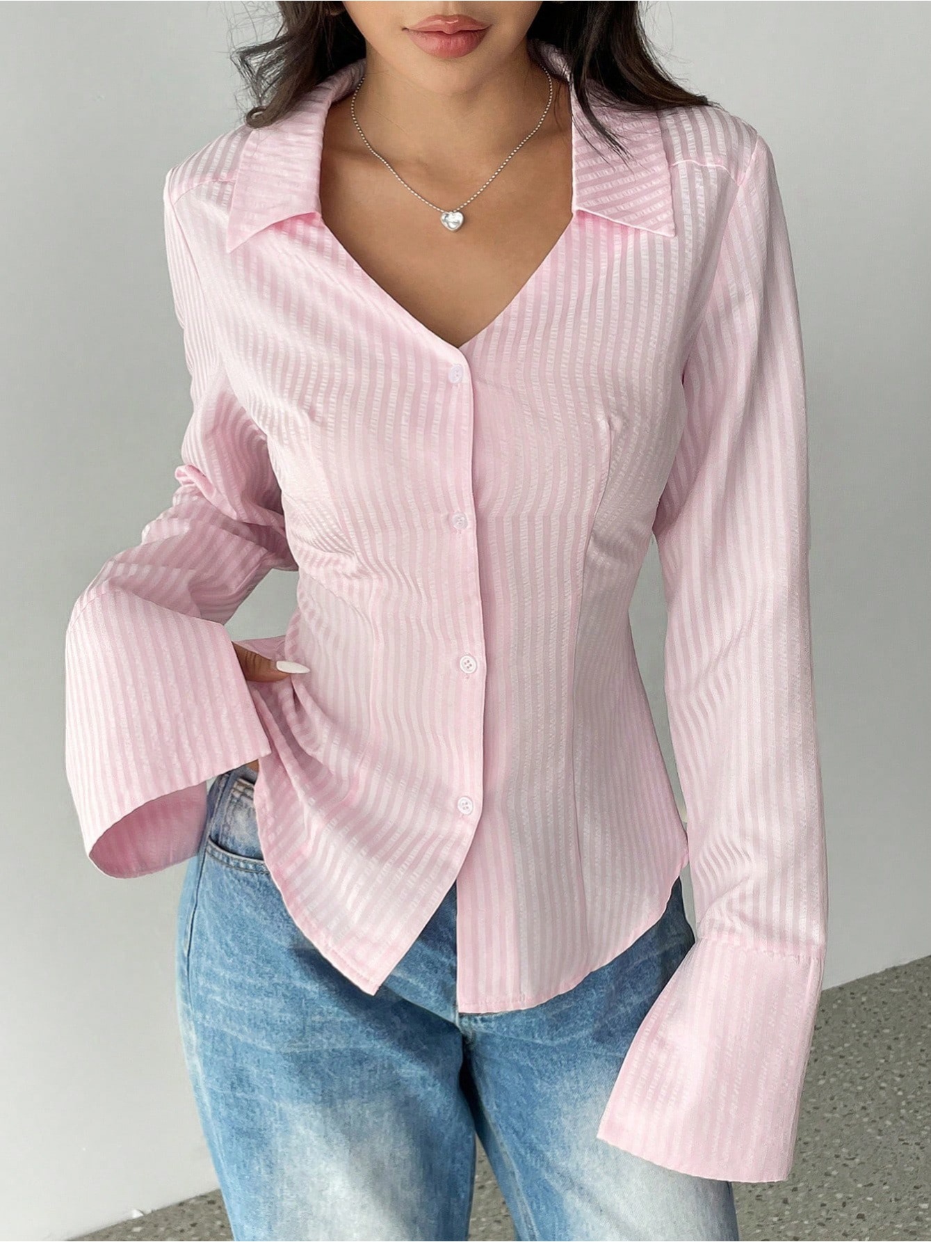 European and American Women's Clothing Amazon Temu Cross-Border Autumn Foreign Trade Style Women's Striped Printed Button-Down Shirt Elegant Long-Sleeve