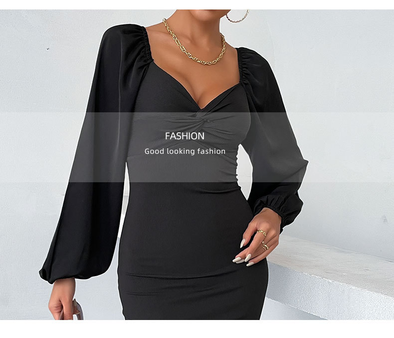 Black Lantern Sleeved V-Neck Tight Dress NSDMB104556