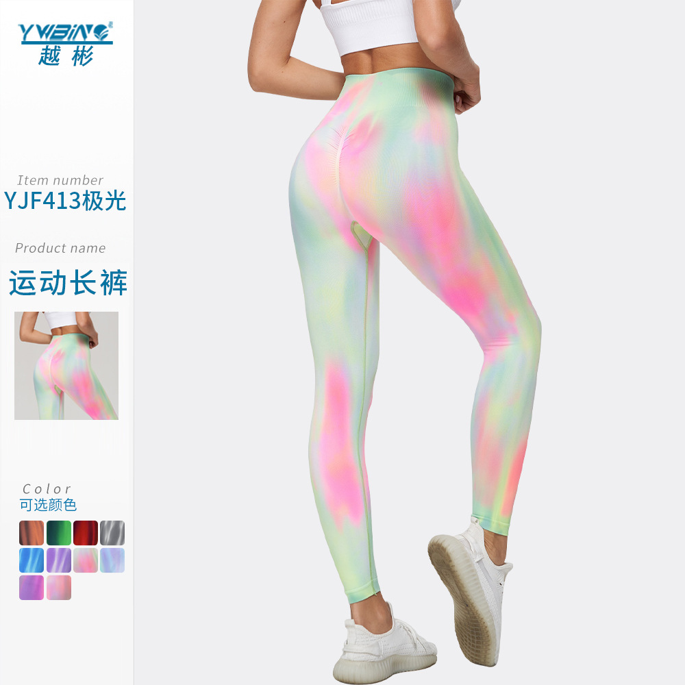Nueva cintura alta fitness deportes yoga pantalones desgaste exterior cadera levantamiento polainas corbata teñida Aurora corriendo cadera levantamiento pantalones transpirables