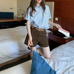 ルーズラペル折りたたみ小さなチェック柄シャツ夏の女性のルーズレトロ文学チェック柄シャツ半袖