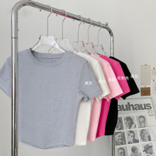 日韩休闲t恤女短款露脐小圆领短袖背心夏季薄款透气修身打底上衣