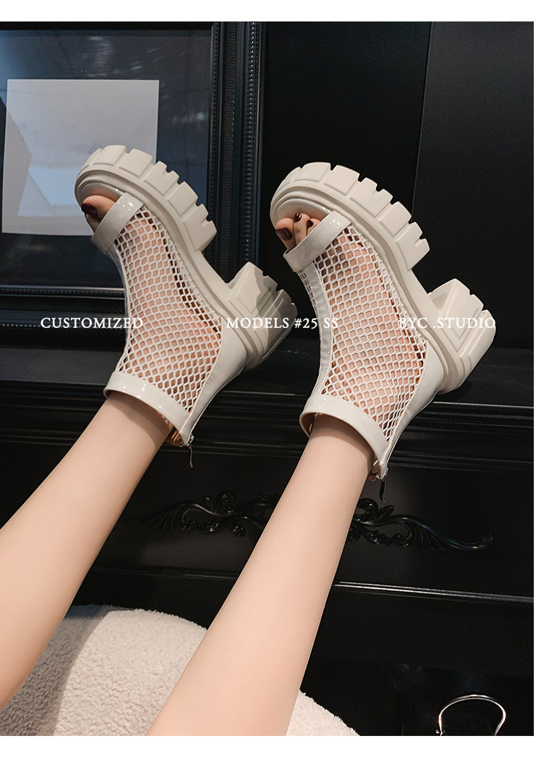 Giày sandal cao gót nữ mũi cá hở ngón, cổ cao lưới mỏng, gót vuông dày 9 cm, khóa kéo sau, đế xuồng thoáng khí — đen, trắng chi tiết 20
