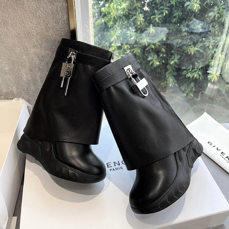 Yu Shuxin Same Style Genuine Leather Shark Boots Metal Lock Thick Bottom Short Boots Women's Heightened Fashion Pants Tube Boots
