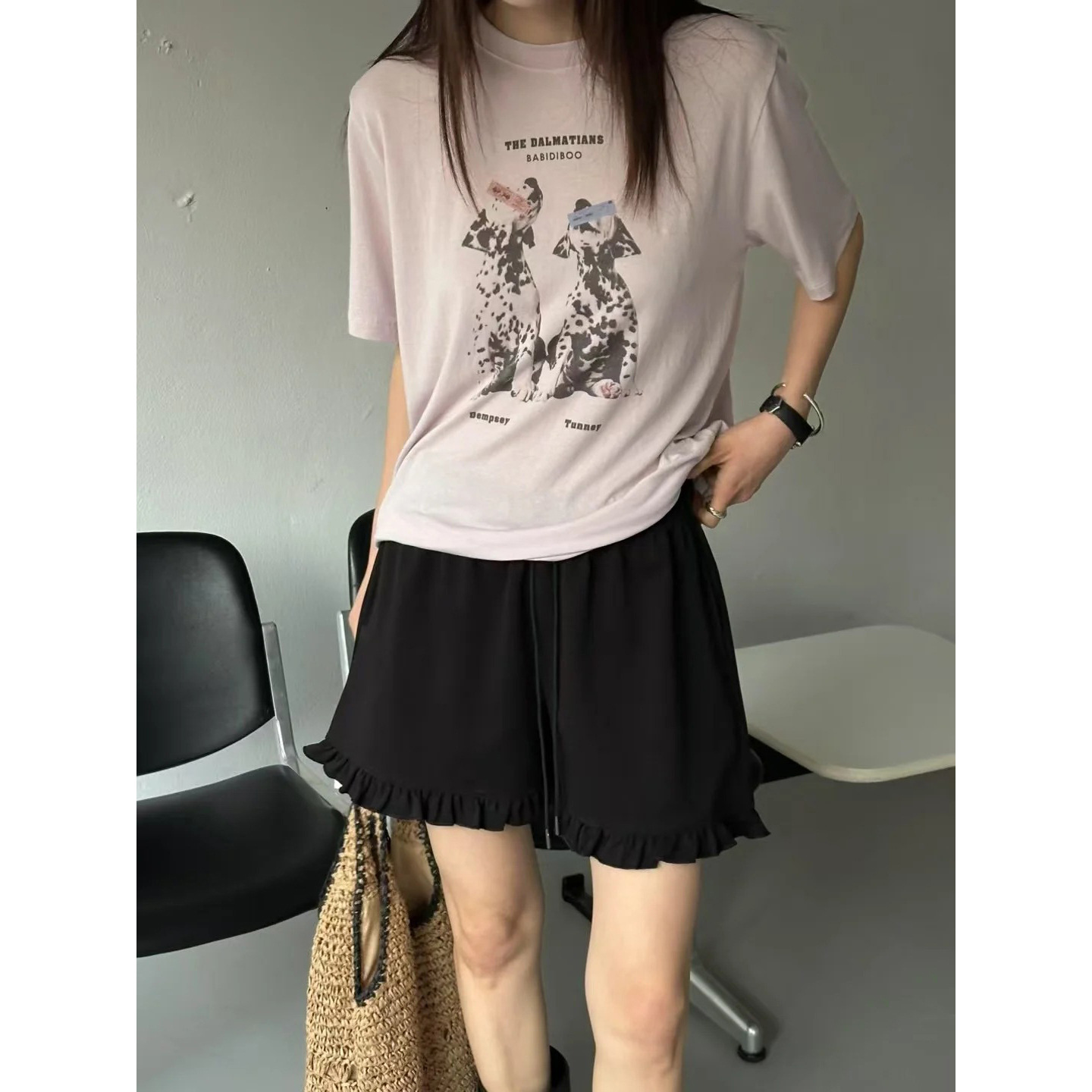 今なら2025年夏新作韓国デザイナーマッチm*reカジュアルドッグレタープリント半袖Tシャツ