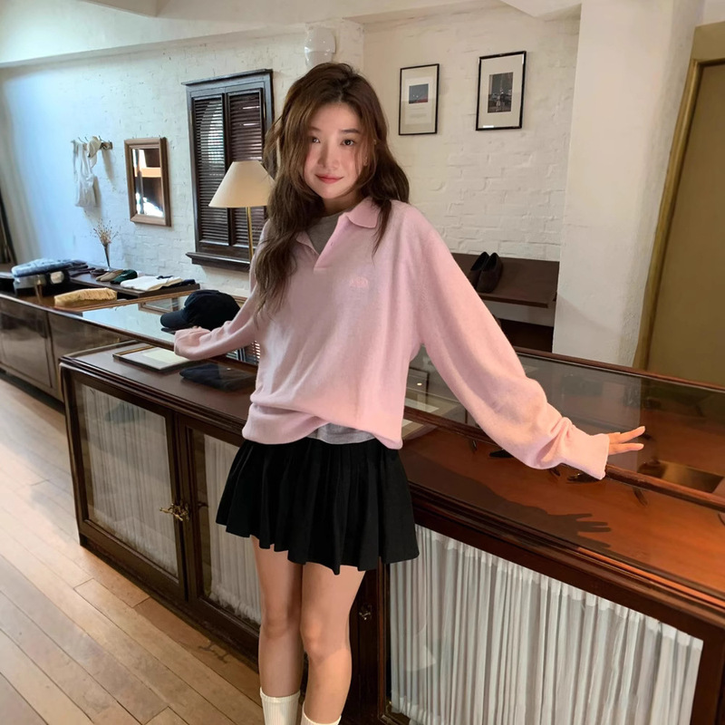 In Stock Korean Style Dongdaemun Women's Pink Knit Polo Shirt with Collar, Long Sleeves, Loose Knit Top for Women, Autumn