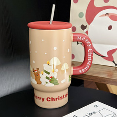 クロスボーダークリスマスセラミックマグカップカバー付き大容量家庭用ストローカップ創意クリスマスプレゼントお土産