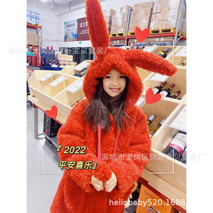 in stock 23 autumn and winter new girls' children's clothing Christmas clothing new year's clothing fur one cute coat rabbit ears can move