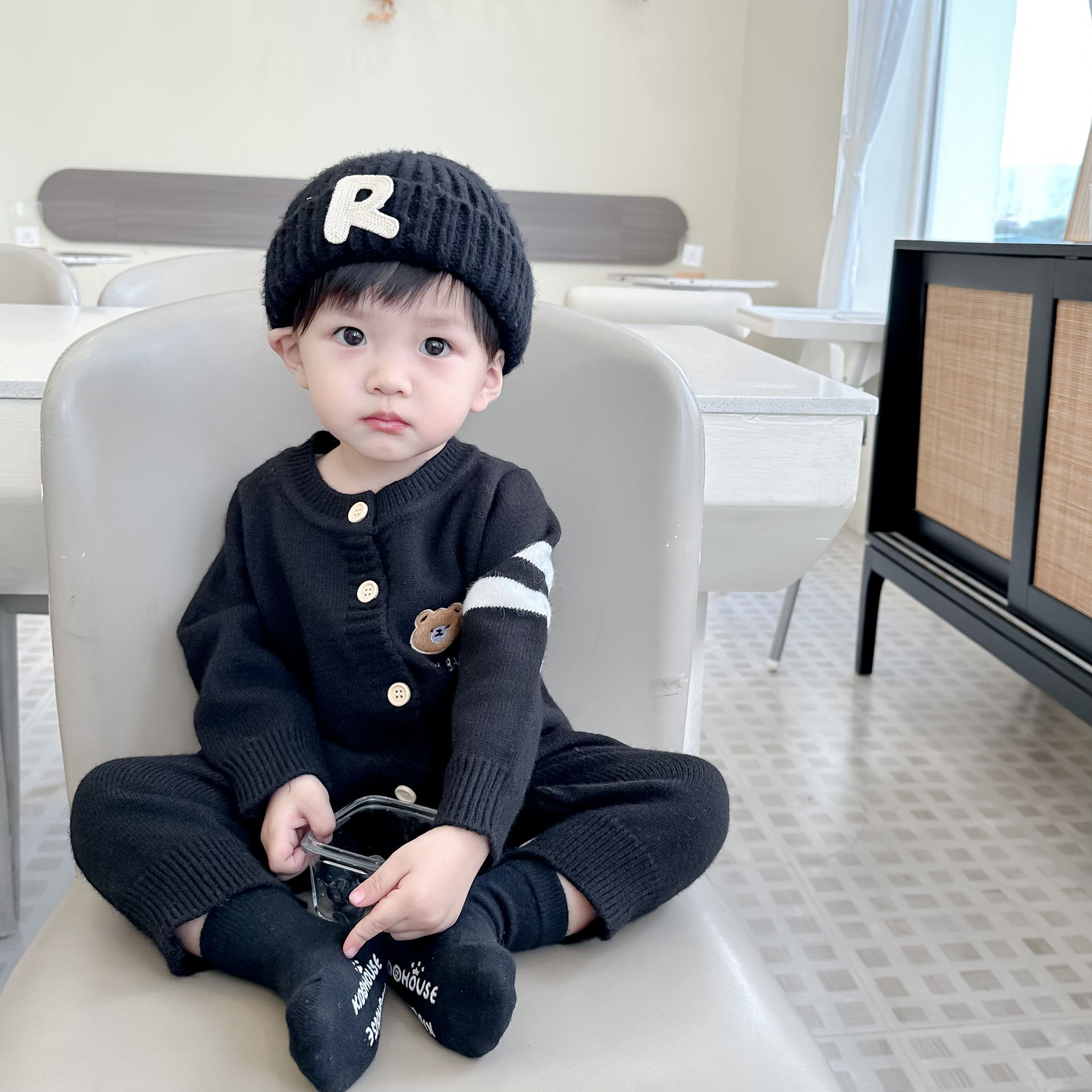 INS estilo bebé Otoño e Invierno ropa serie oso mameluco de punto bebé suéter cardigan abrigo salida mono