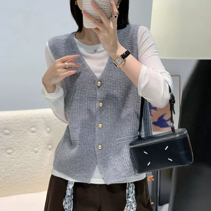 轻奢小香风开衫马甲女士设计感立体花纹100%羊毛针织背心小众外套