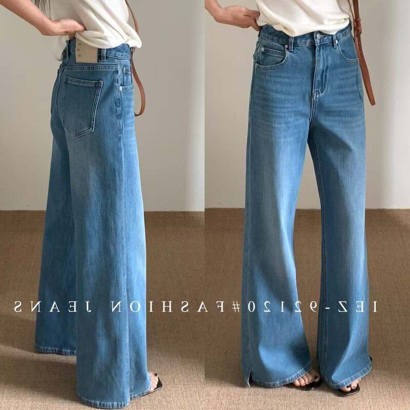 Four-Way Stretch Denim Straight-Leg Pants for Women, Spring Style, Versatile, Slit Design, Slim Fit, Wide-Leg Pants for Petite Figures, Slightly Flared Four-Way Stretch Denim Straight-Leg Pants for Women, Spring Style, Versatile, Slit Design, Slim Fit, Wide-Leg Pants for Petite Figures, Slightly Flared