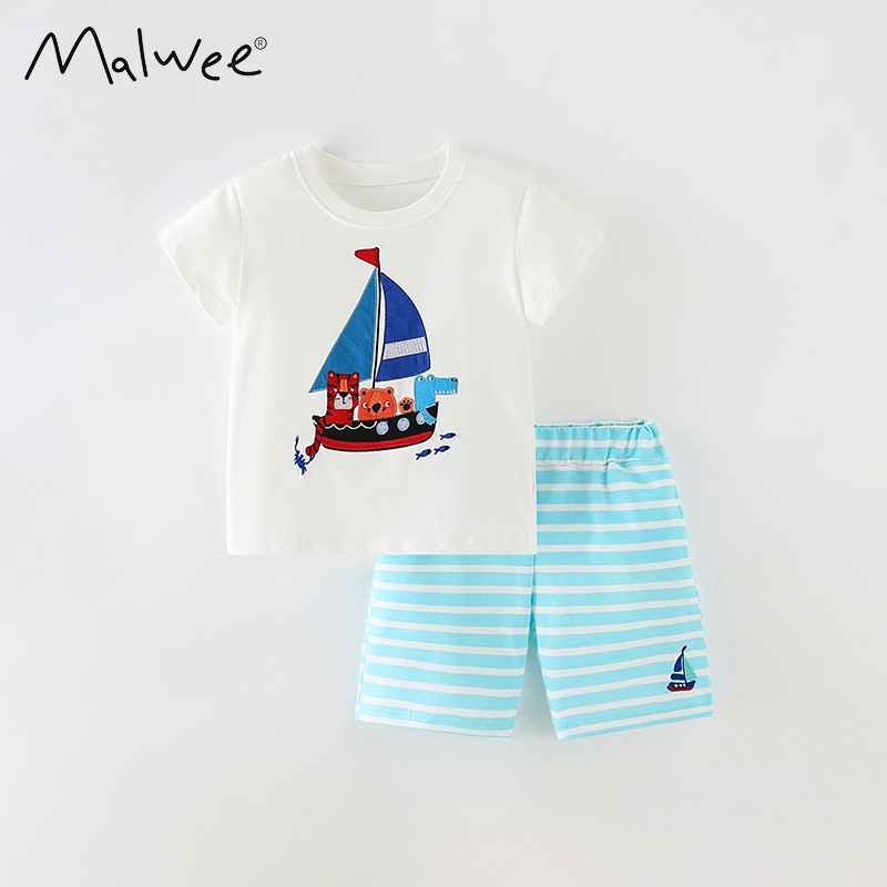 Malwee ropa para niños de dos piezas de verano nueva camiseta europea y americana pantalones de rayas casuales para niños traje de niños