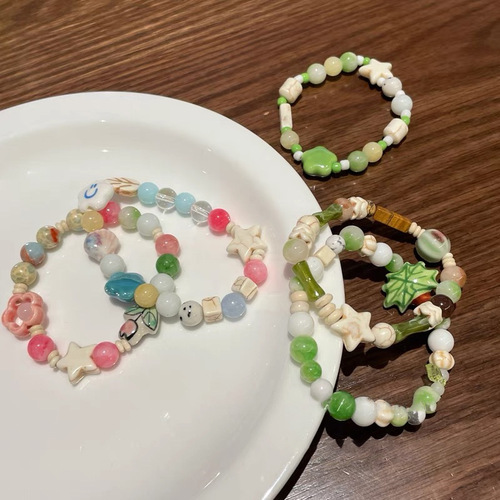 Summer Colorful Ceramic Bead Flower Bracelet for Girls and Best Friends, Shoushan Stone Bamboo Joint Star Splicing Bracelet Accessory