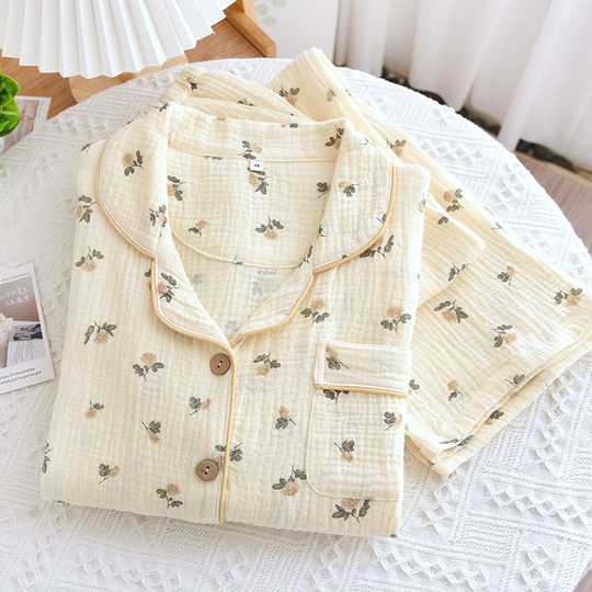 New pastoral style spring and autumn double-layer cotton gauze pajamas women can wear outside long-sleeved trousers pajamas home wear suit