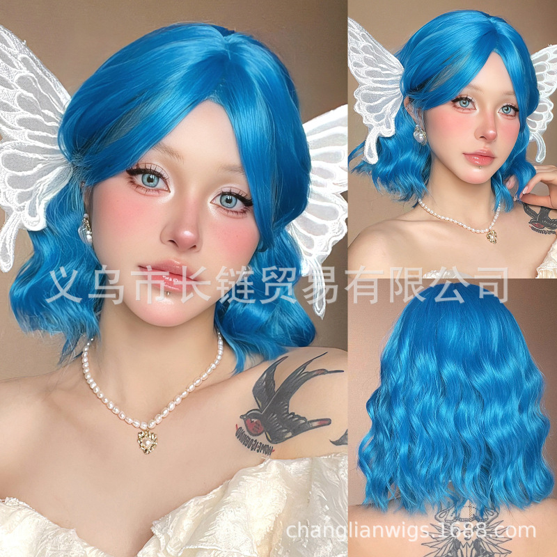 Foreign trade wig women's white blue wig eight-character bangs short curly hair full head cover wig in stock factory