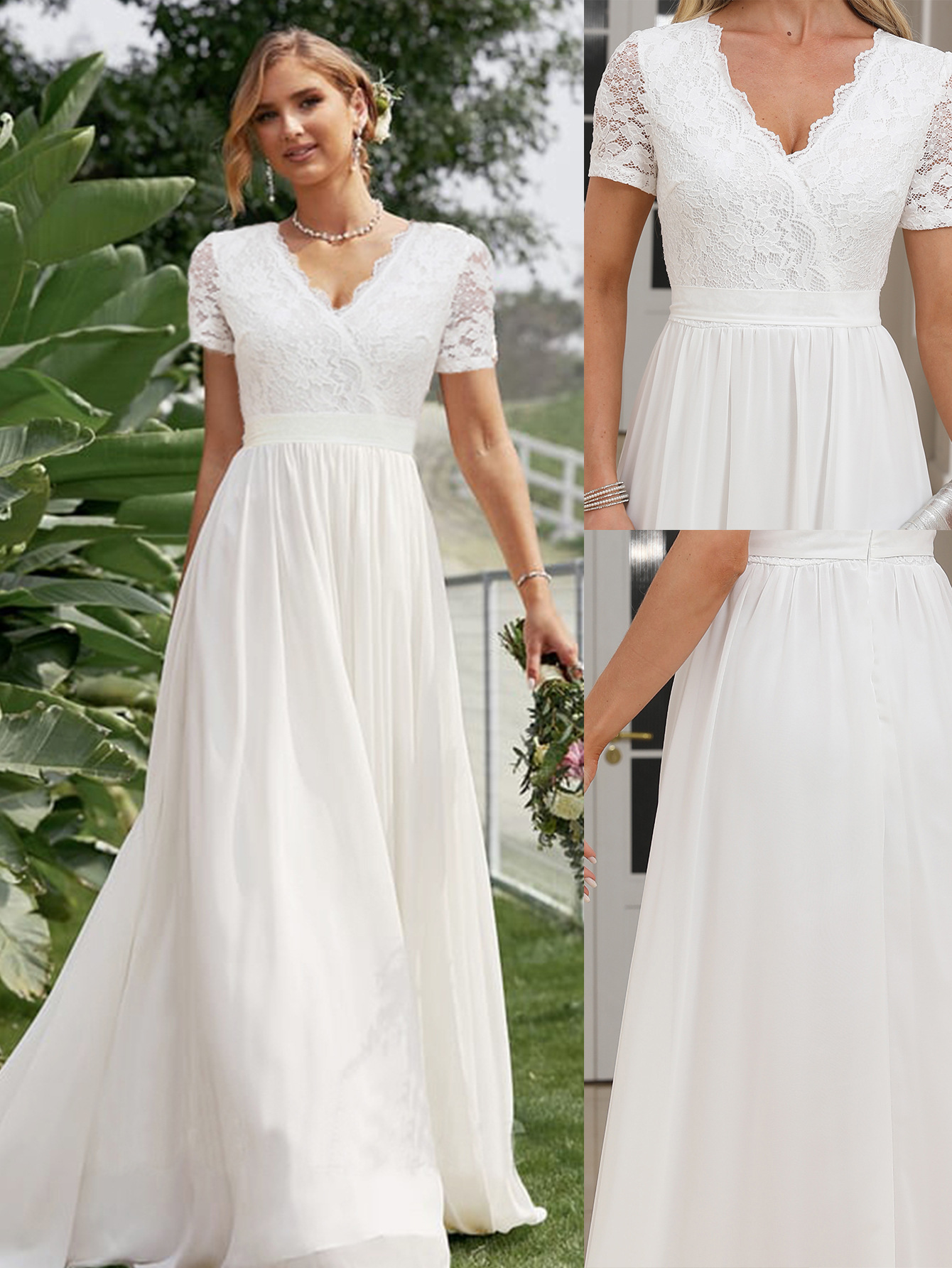 Europa y América Amazon 2025 borde de encaje costura cintura de gasa vestido largo con cuello en v vestido de novia vestido de noche image 1