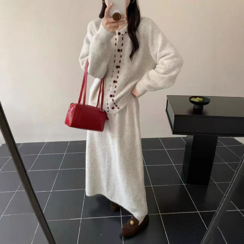 韩系秋冬新款手工穿绳圆领针织开衫针织半身长裙两件套女气质套装|undefined